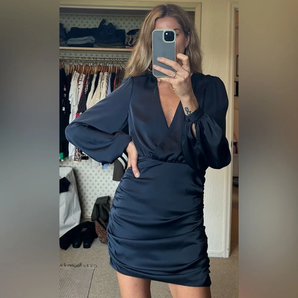 Ramy Brook Foxy Satin Navy Blue Ruched Long Sleeve V Neck Side Zip Mini Dress - Picture 3 of 15